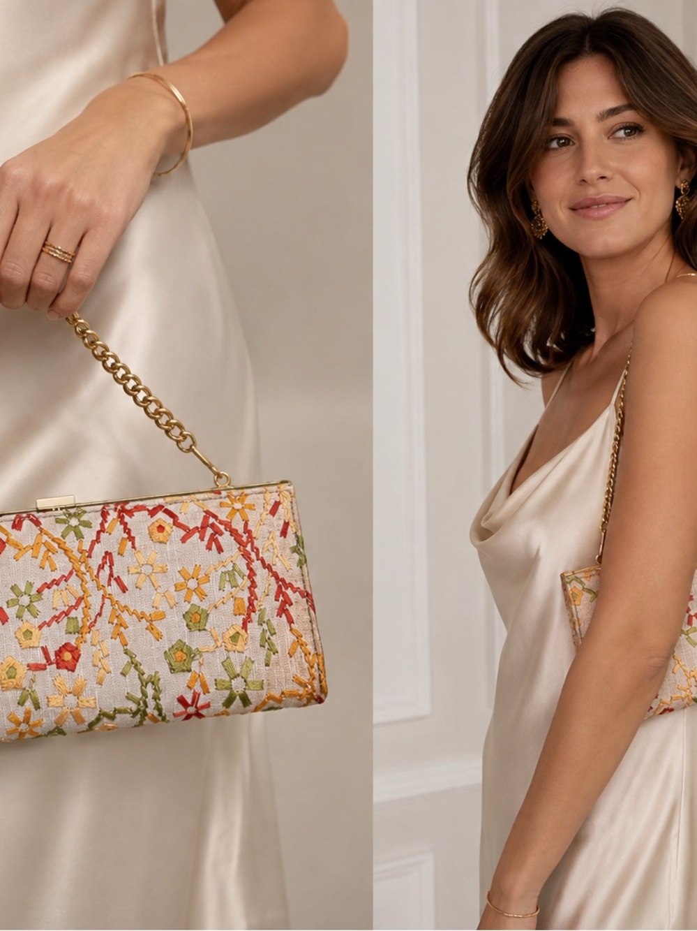 Dune London Vintage Embroidered Floral Clutch Gold Chain Evening Bag BOHO CHIC